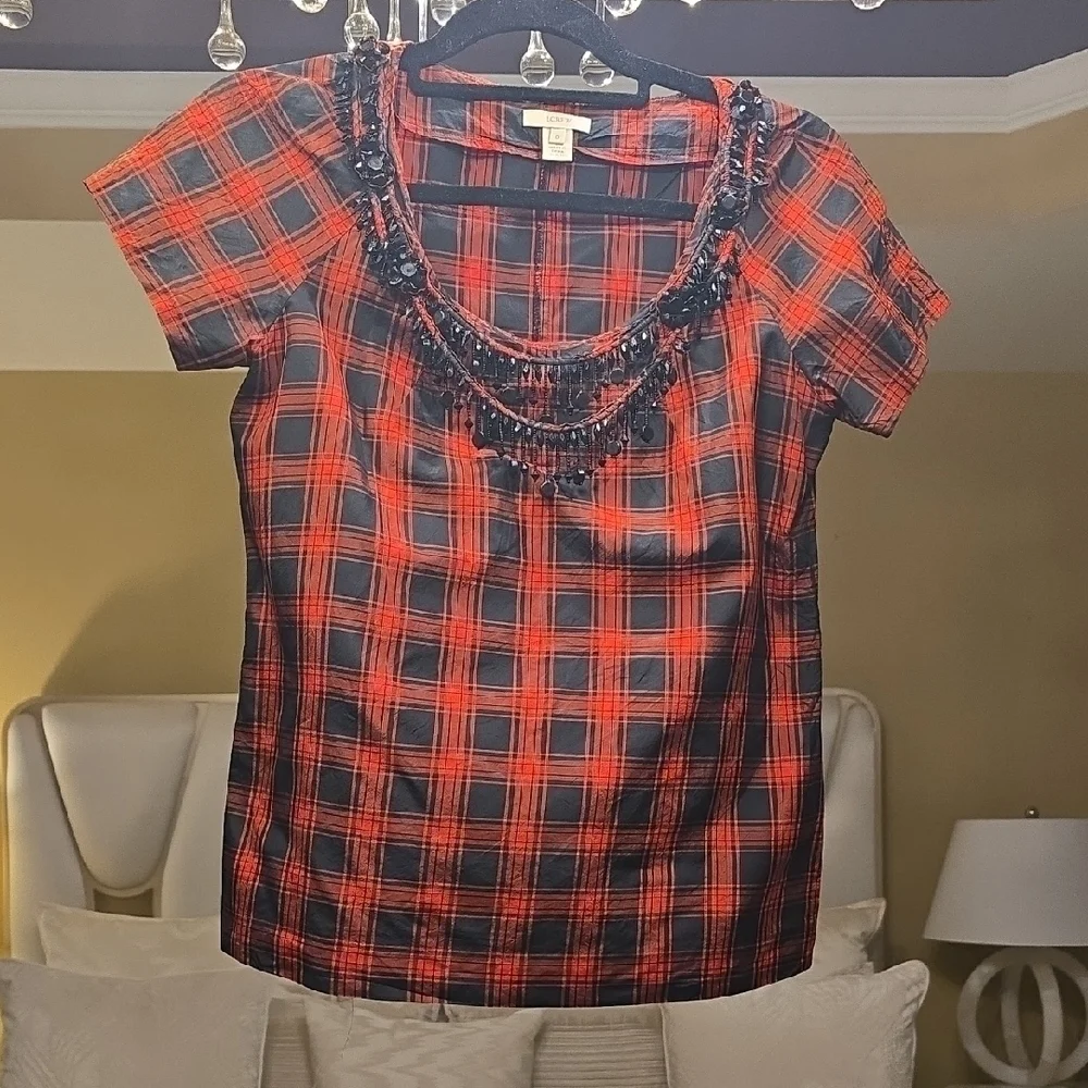 J. Crew Red and Black Silk Plaid Blouse